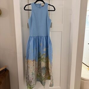 ALÉMAIS Anouk Tank Midi Dress Blue Beach Scene Print US 4 Coastal Boho Maxmalist